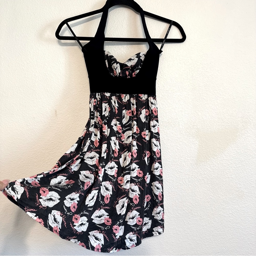 Bebe Vintage Silk Dress size XS halter top, black, white and pink design